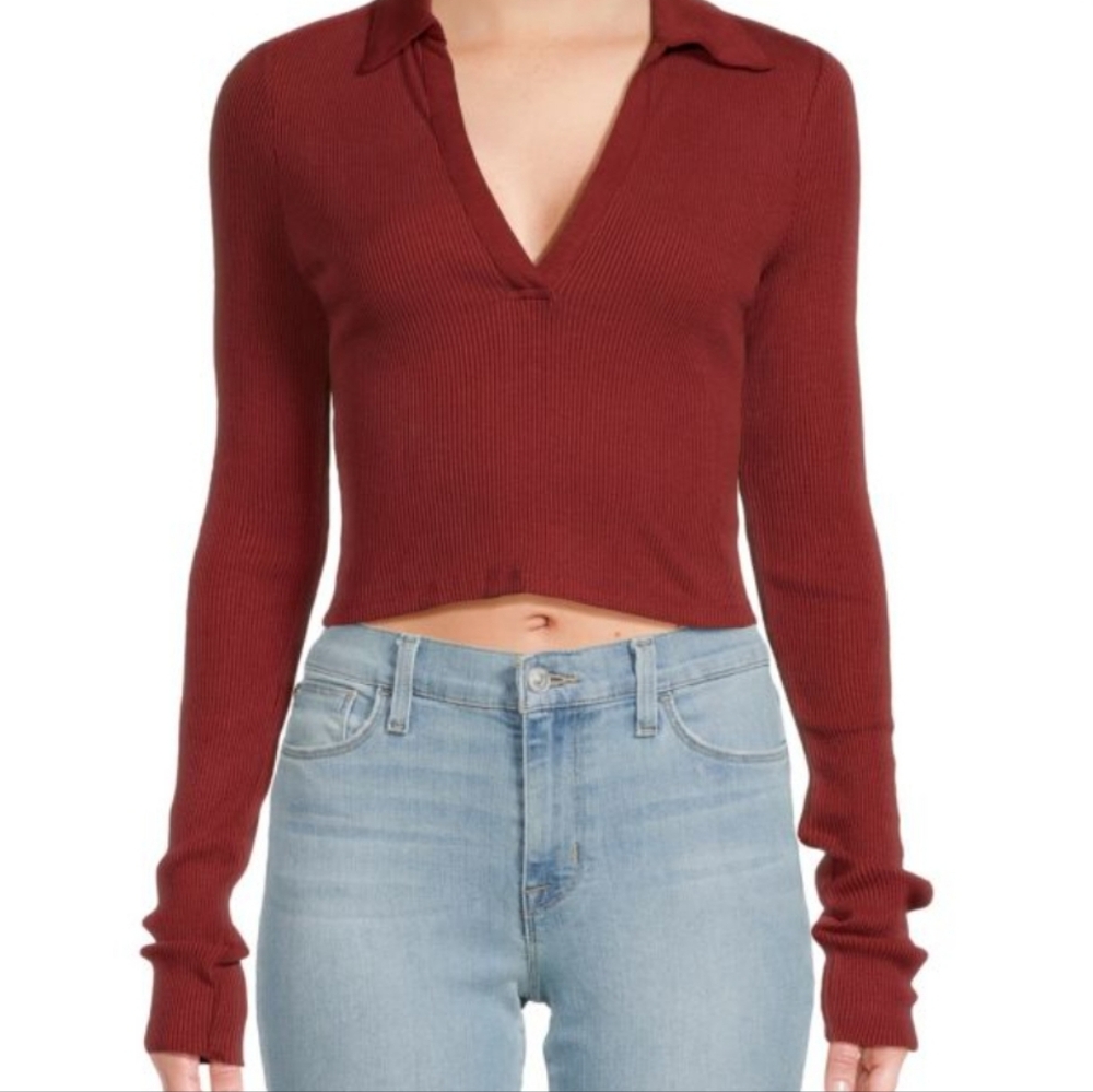 NWT The Range Ribbed Crop Polo Top In Berry